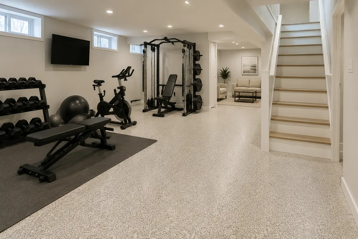Light neutral epoxy floor basement gym inspiration
